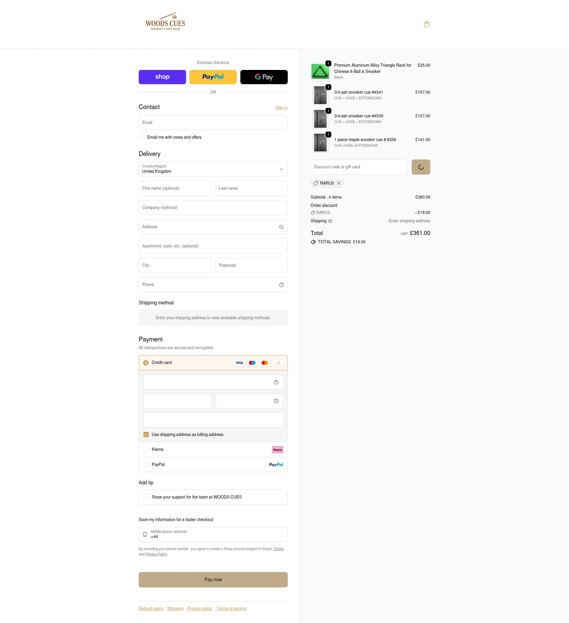 Woods Cues checkout page showing Woods Cues discount code box | Screenshot taken by SimplyCodes community member on Feb 20, 2026