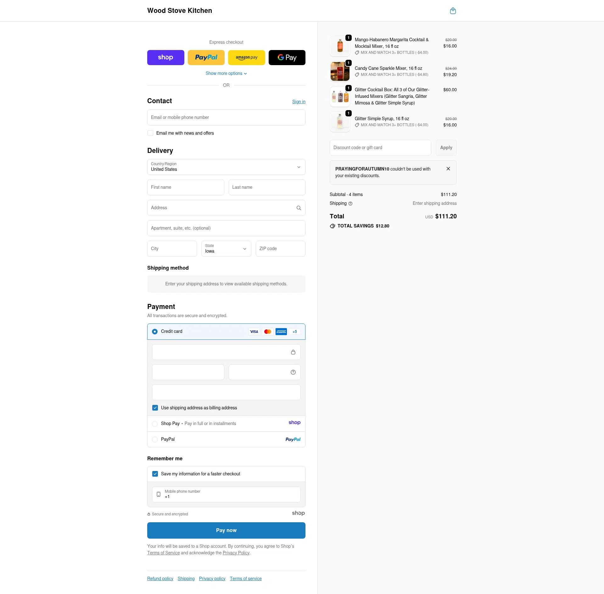Wood Stove Kitchen checkout page showing Wood Stove Kitchen promo code box | Screenshot taken by SimplyCodes community member on Jan 2, 2026