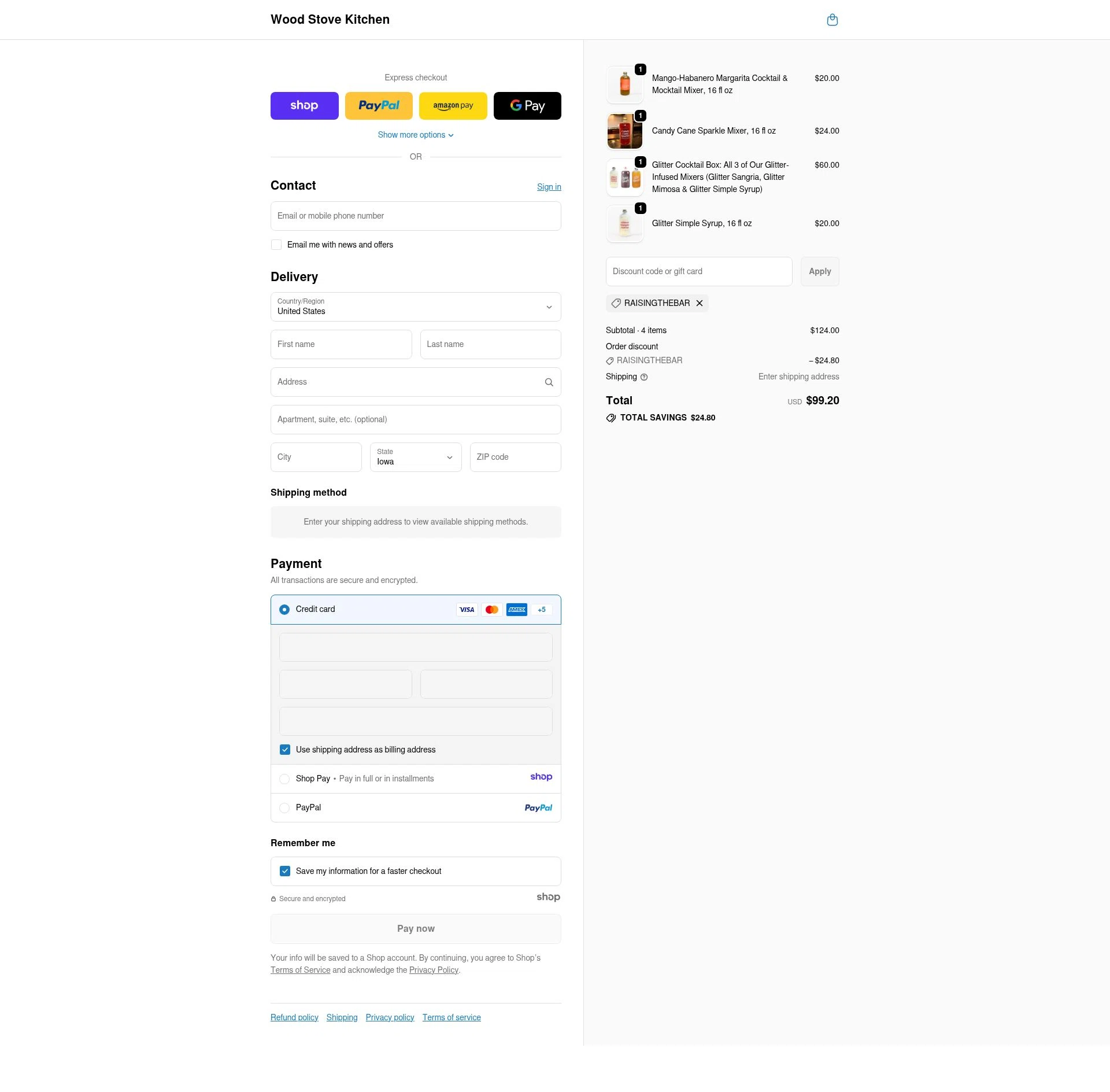 Wood Stove Kitchen checkout page showing Wood Stove Kitchen promo code box | Screenshot taken by SimplyCodes community member on Dec 28, 2025