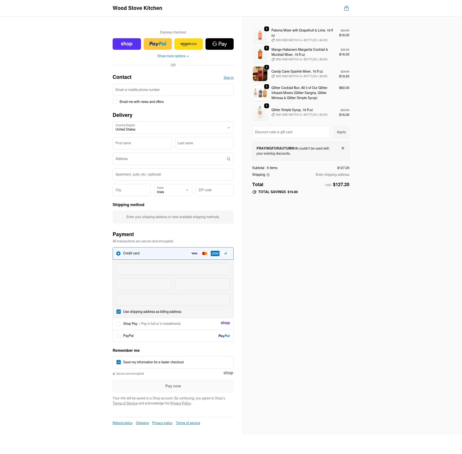 Wood Stove Kitchen checkout page showing Wood Stove Kitchen promo code box | Screenshot taken by SimplyCodes community member on Jan 7, 2026