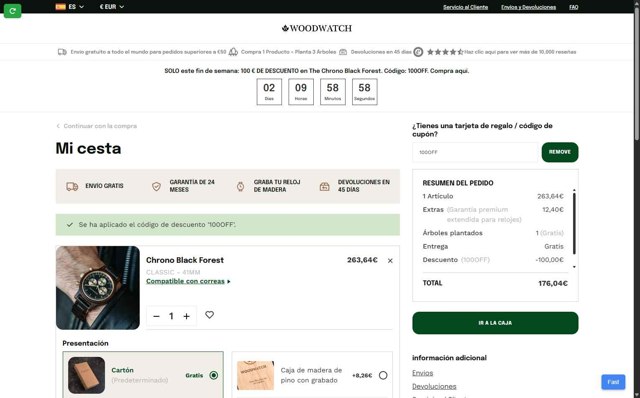 WoodWatch checkout page showing WoodWatch promo code box | Screenshot taken by SimplyCodes community member on Apr 25, 2025