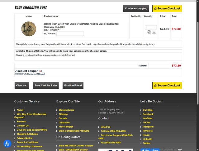 Woodworker Express checkout page showing Woodworker Express promo code box | Screenshot taken by SimplyCodes community member on Aug 13, 2025