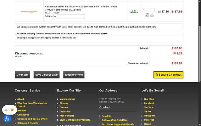 Woodworker Express checkout page showing Woodworker Express promo code box | Screenshot taken by SimplyCodes community member on Aug 8, 2025