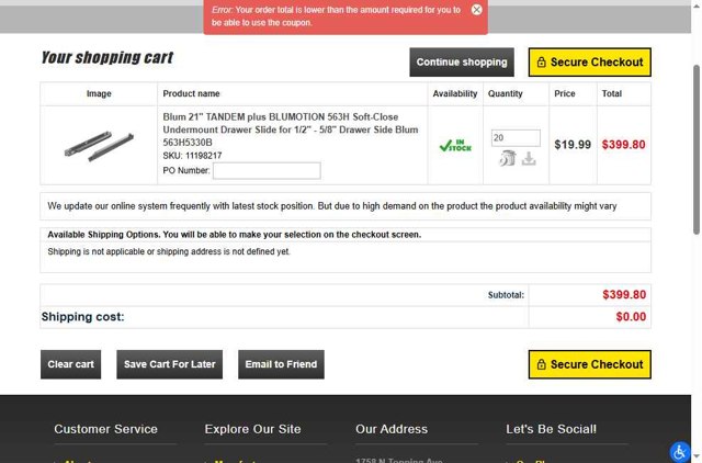 Woodworker Express checkout page showing Woodworker Express promo code box | Screenshot taken by SimplyCodes community member on Aug 11, 2025