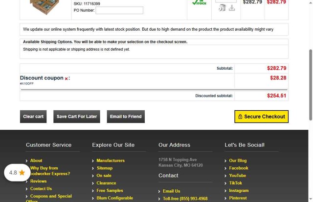 Woodworker Express checkout page showing Woodworker Express promo code box | Screenshot taken by SimplyCodes community member on Aug 8, 2025