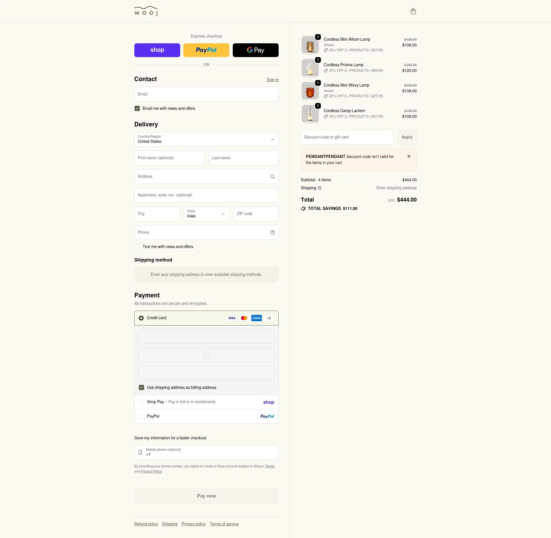Wooj Design checkout page showing Wooj Design promo code box | Screenshot taken by SimplyCodes community member on Feb 5, 2026