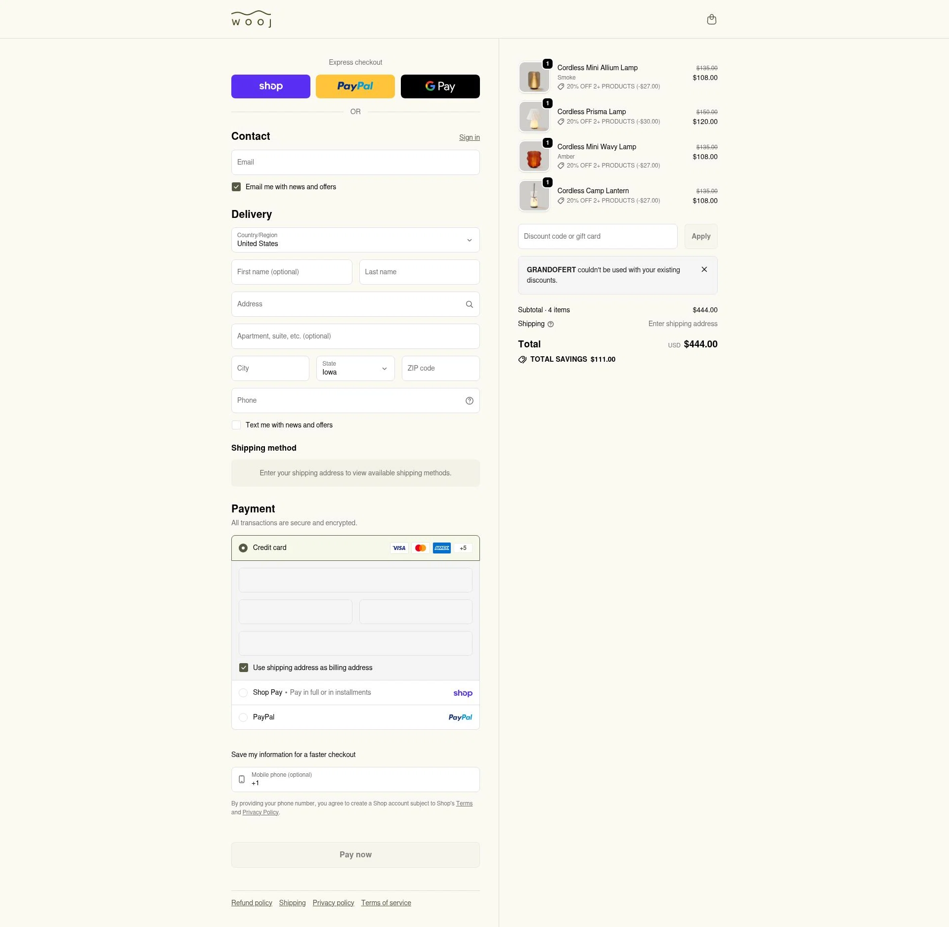 Wooj Design checkout page showing Wooj Design promo code box | Screenshot taken by SimplyCodes community member on Feb 5, 2026