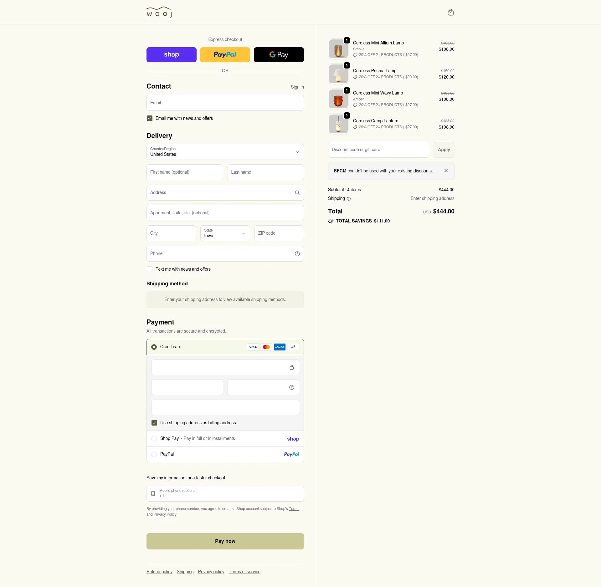 Wooj Design checkout page showing Wooj Design promo code box | Screenshot taken by SimplyCodes community member on Feb 5, 2026