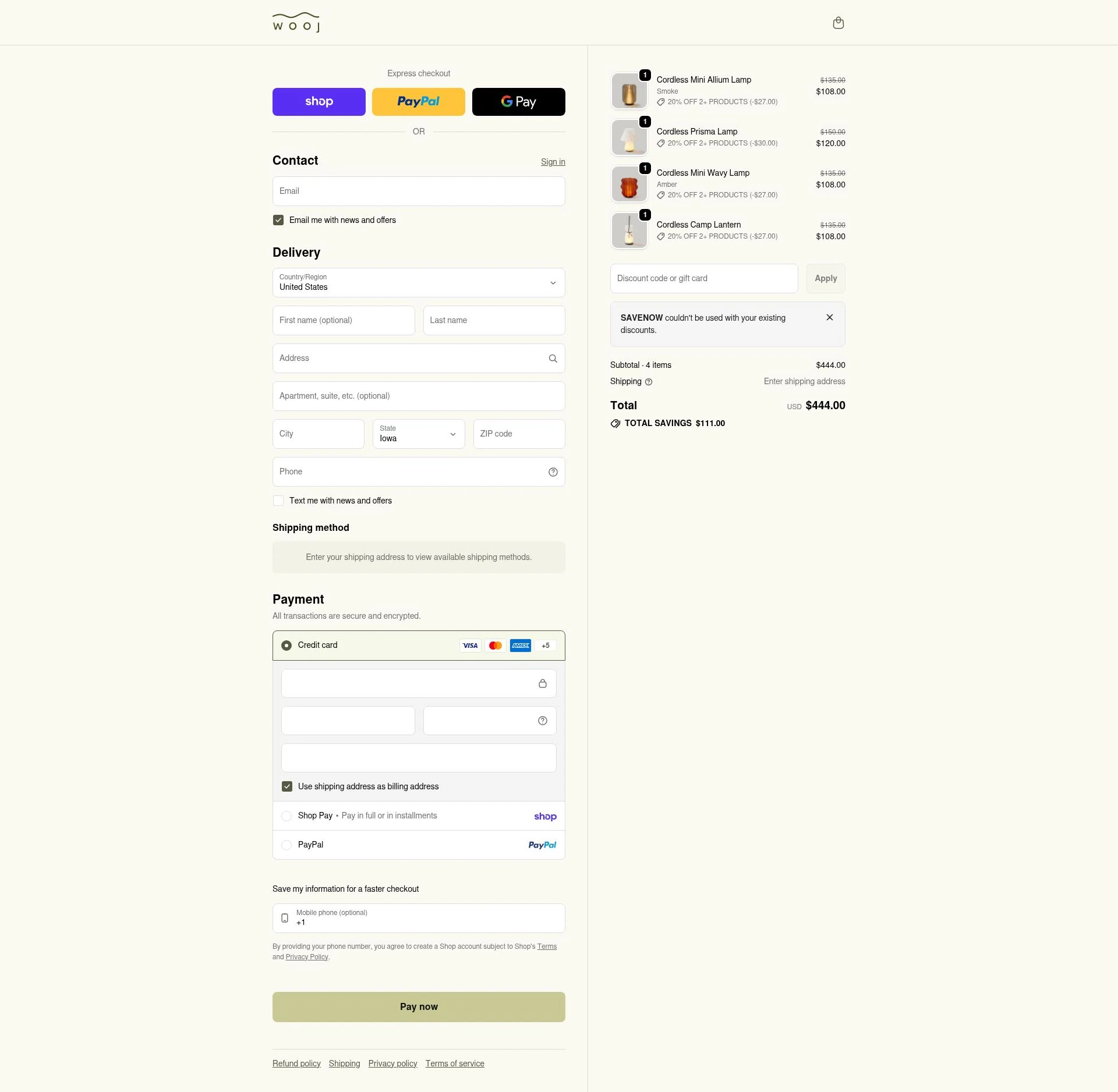 Wooj Design checkout page showing Wooj Design promo code box | Screenshot taken by SimplyCodes community member on Feb 5, 2026