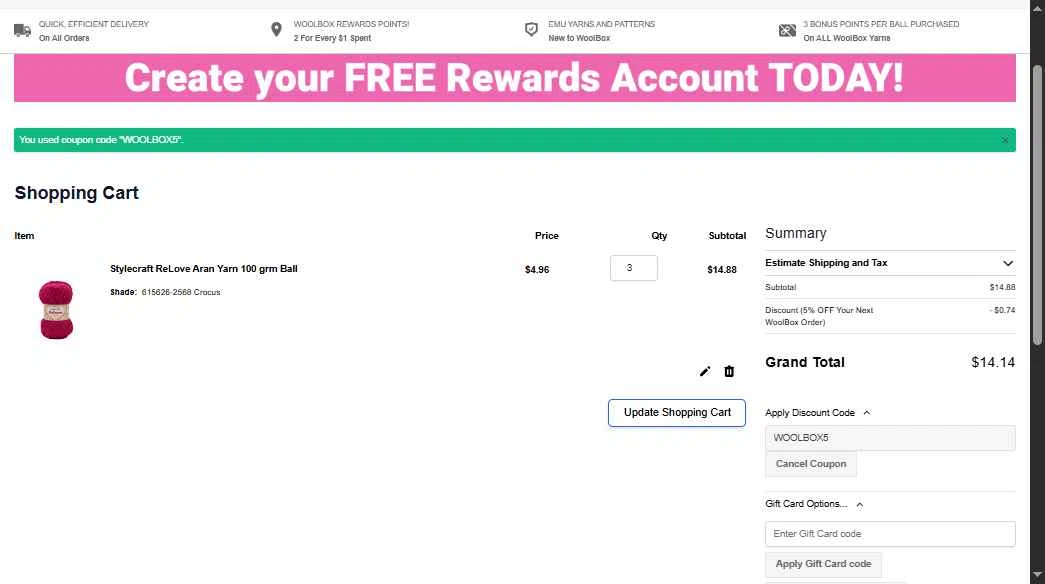 WoolBox checkout page showing WoolBox discount code box | Screenshot taken by SimplyCodes community member on Oct 20, 2025