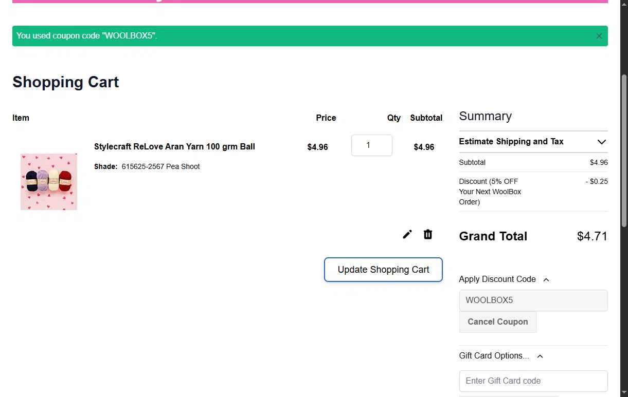 WoolBox checkout page showing WoolBox discount code box | Screenshot taken by SimplyCodes community member on Oct 31, 2025