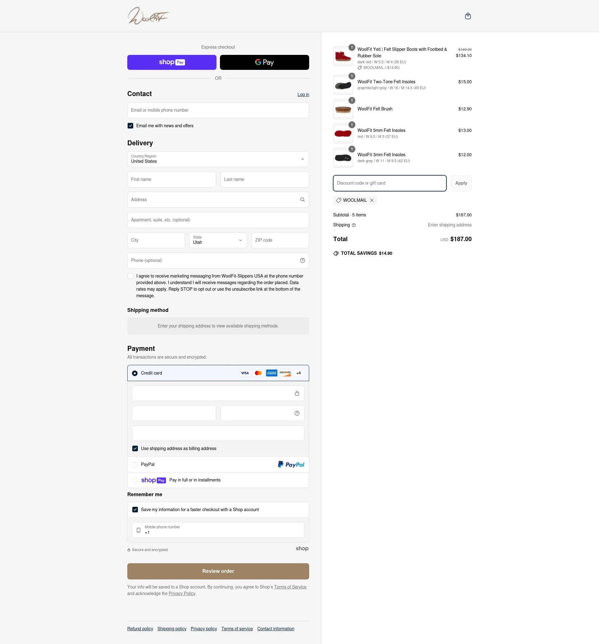 WoolFit checkout page showing WoolFit promo code box | Screenshot taken by SimplyCodes community member on May 17, 2025
