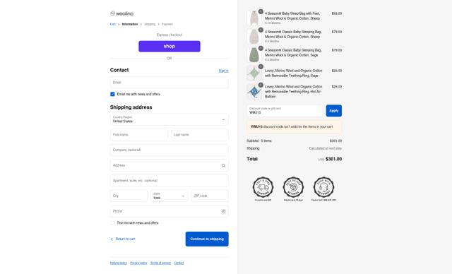 Woolino checkout page showing Woolino discount code box | Screenshot taken by SimplyCodes community member on Sep 14, 2025