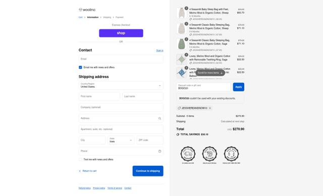 Woolino checkout page showing Woolino discount code box | Screenshot taken by SimplyCodes community member on Sep 10, 2025