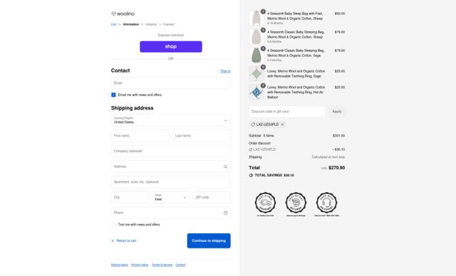 Woolino checkout page showing Woolino discount code box | Screenshot taken by SimplyCodes community member on Sep 14, 2025