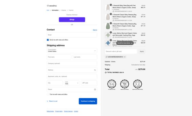 Woolino checkout page showing Woolino discount code box | Screenshot taken by SimplyCodes community member on Sep 14, 2025