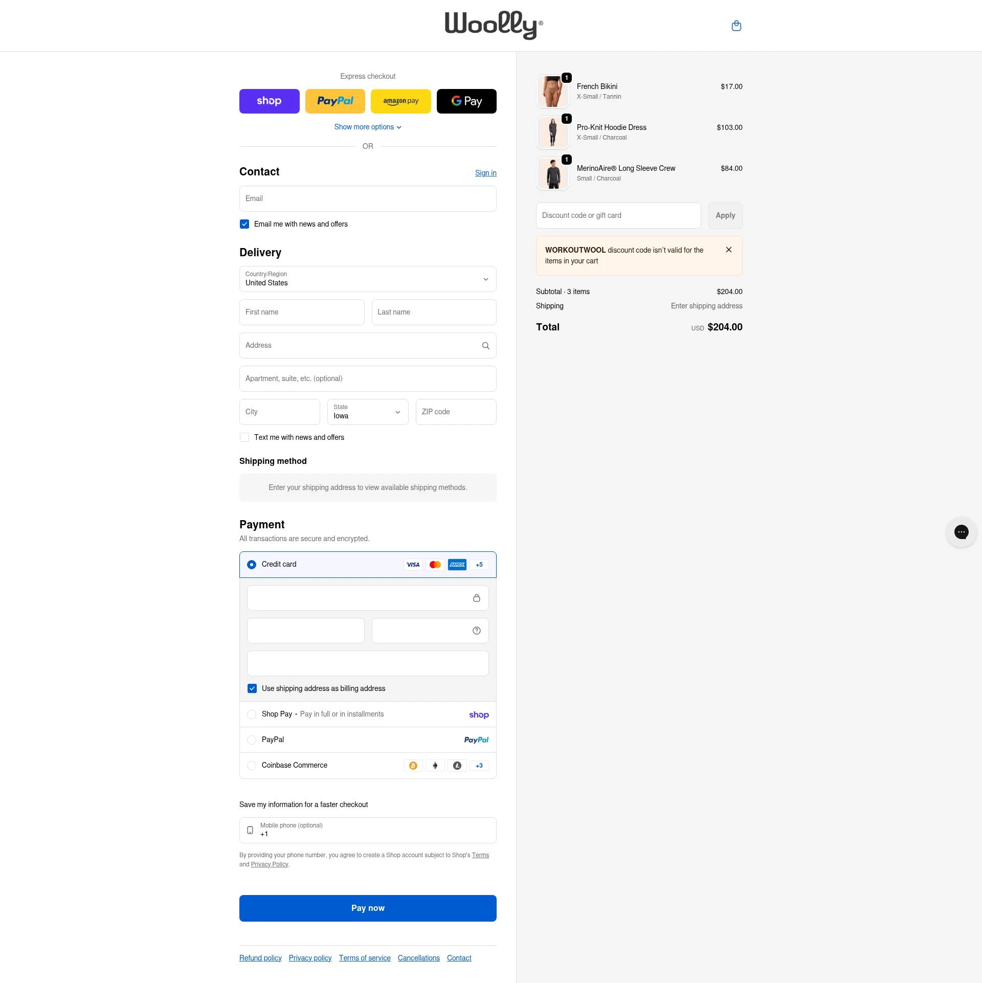 Woolly Clothing checkout page showing Woolly Clothing discount code box | Screenshot taken by SimplyCodes community member on Jan 31, 2026