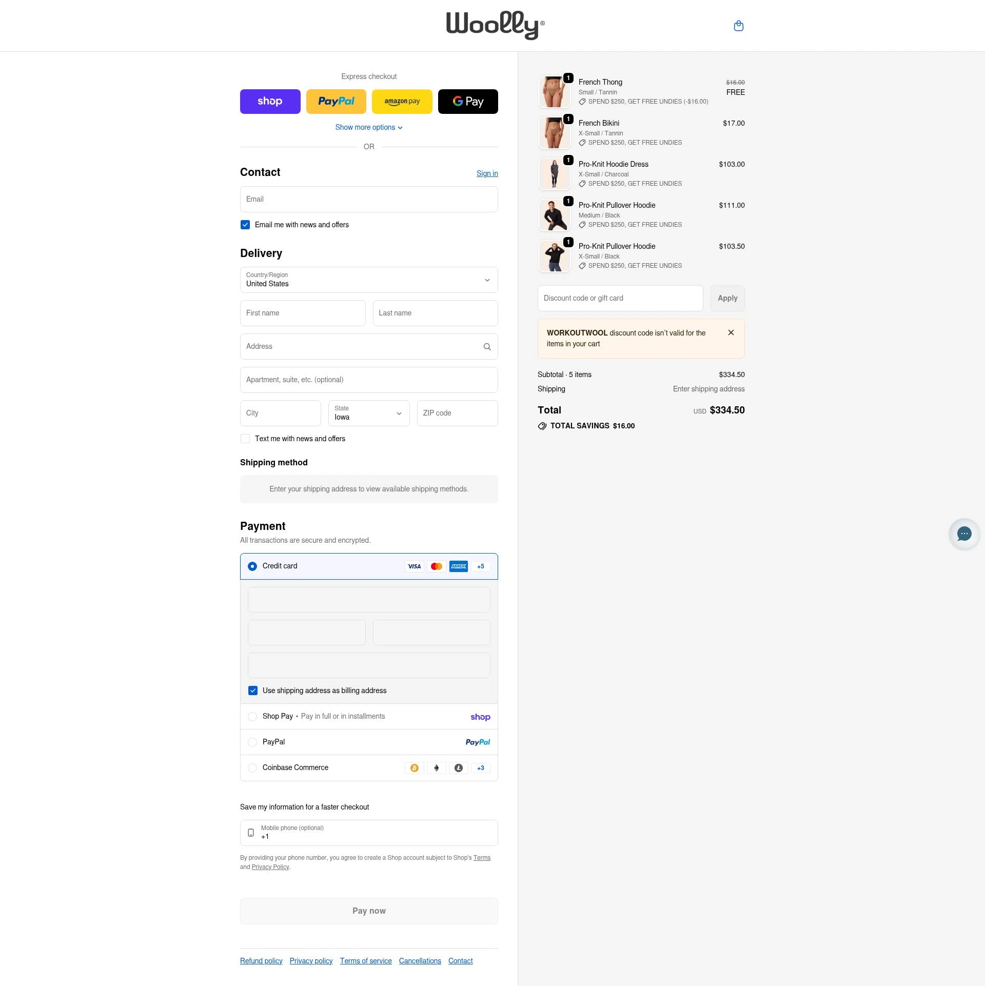 Woolly Clothing checkout page showing Woolly Clothing discount code box | Screenshot taken by SimplyCodes community member on Feb 22, 2026