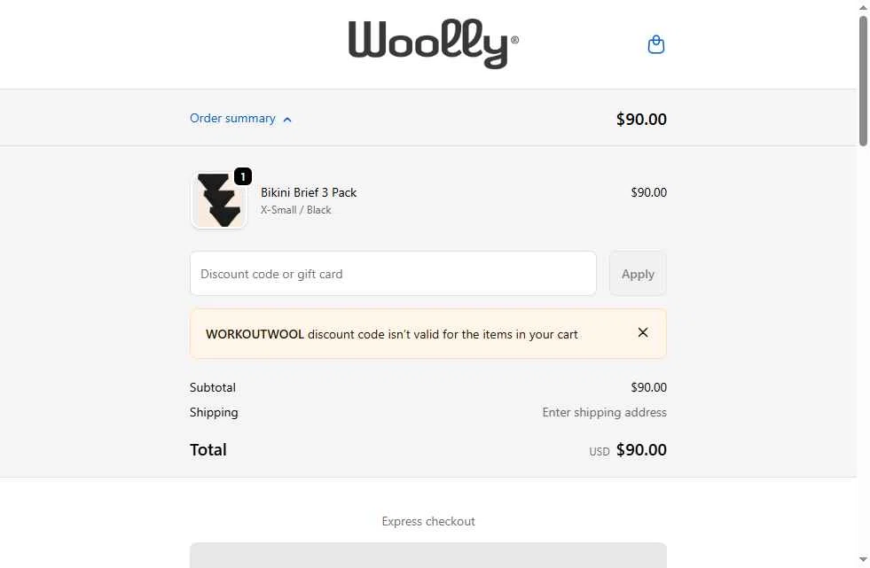 Woolly Clothing checkout page showing Woolly Clothing discount code box | Screenshot taken by SimplyCodes community member on Jan 22, 2026