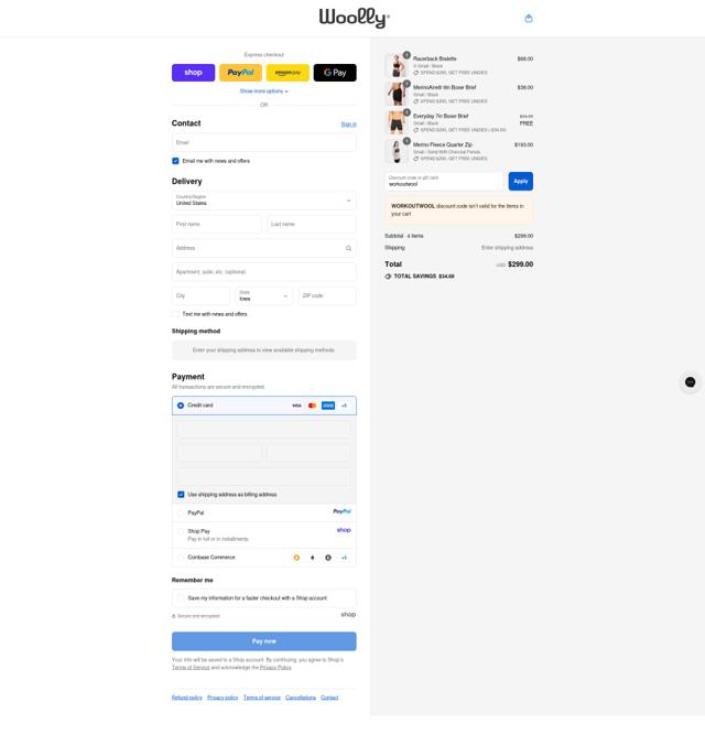 Woolly Clothing checkout page showing Woolly Clothing discount code box | Screenshot taken by SimplyCodes community member on Sep 12, 2025
