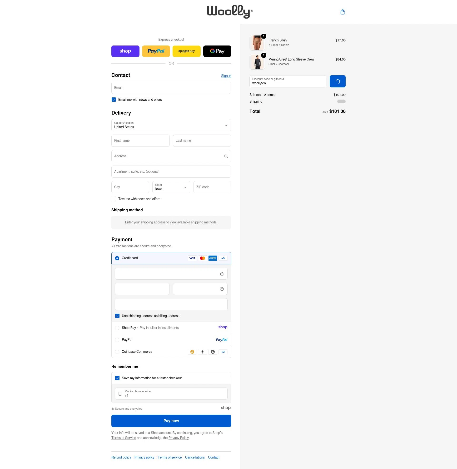 Woolly Clothing checkout page showing Woolly Clothing discount code box | Screenshot taken by SimplyCodes community member on Jan 12, 2026