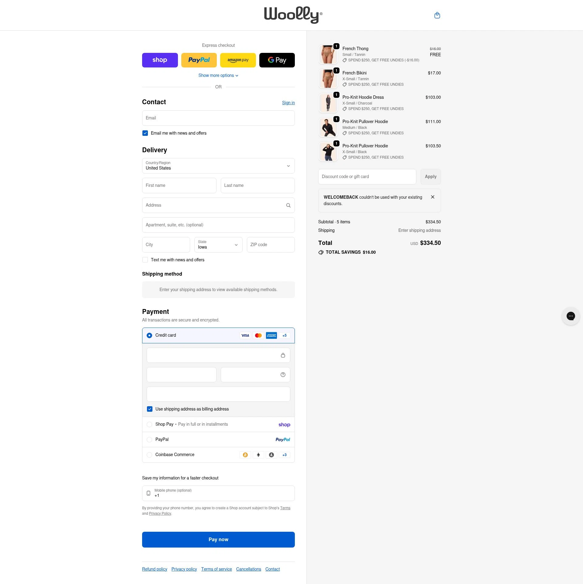 Woolly Clothing checkout page showing Woolly Clothing discount code box | Screenshot taken by SimplyCodes community member on Feb 9, 2026