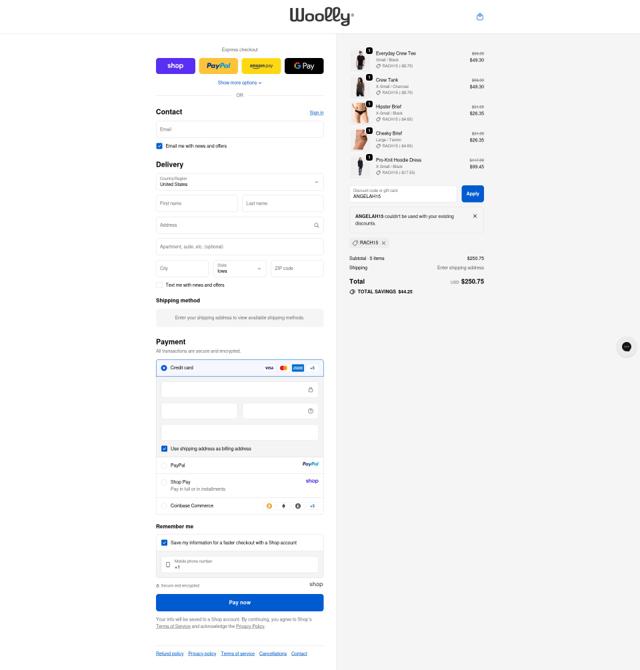 Woolly Clothing checkout page showing Woolly Clothing discount code box | Screenshot taken by SimplyCodes community member on Oct 3, 2025