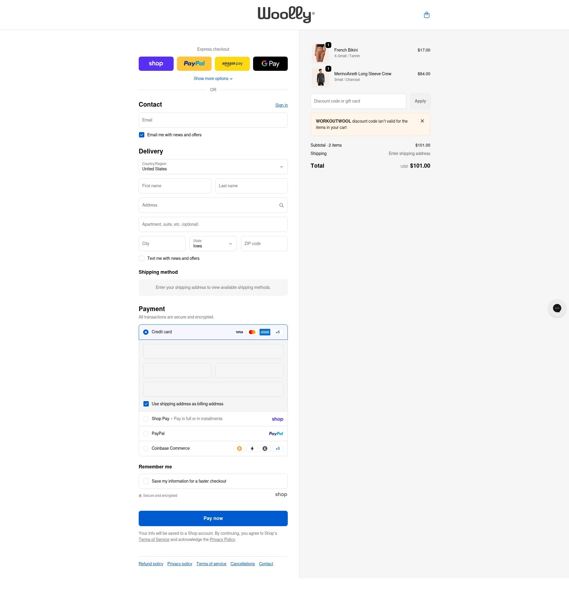 Woolly Clothing checkout page showing Woolly Clothing discount code box | Screenshot taken by SimplyCodes community member on Jan 26, 2026
