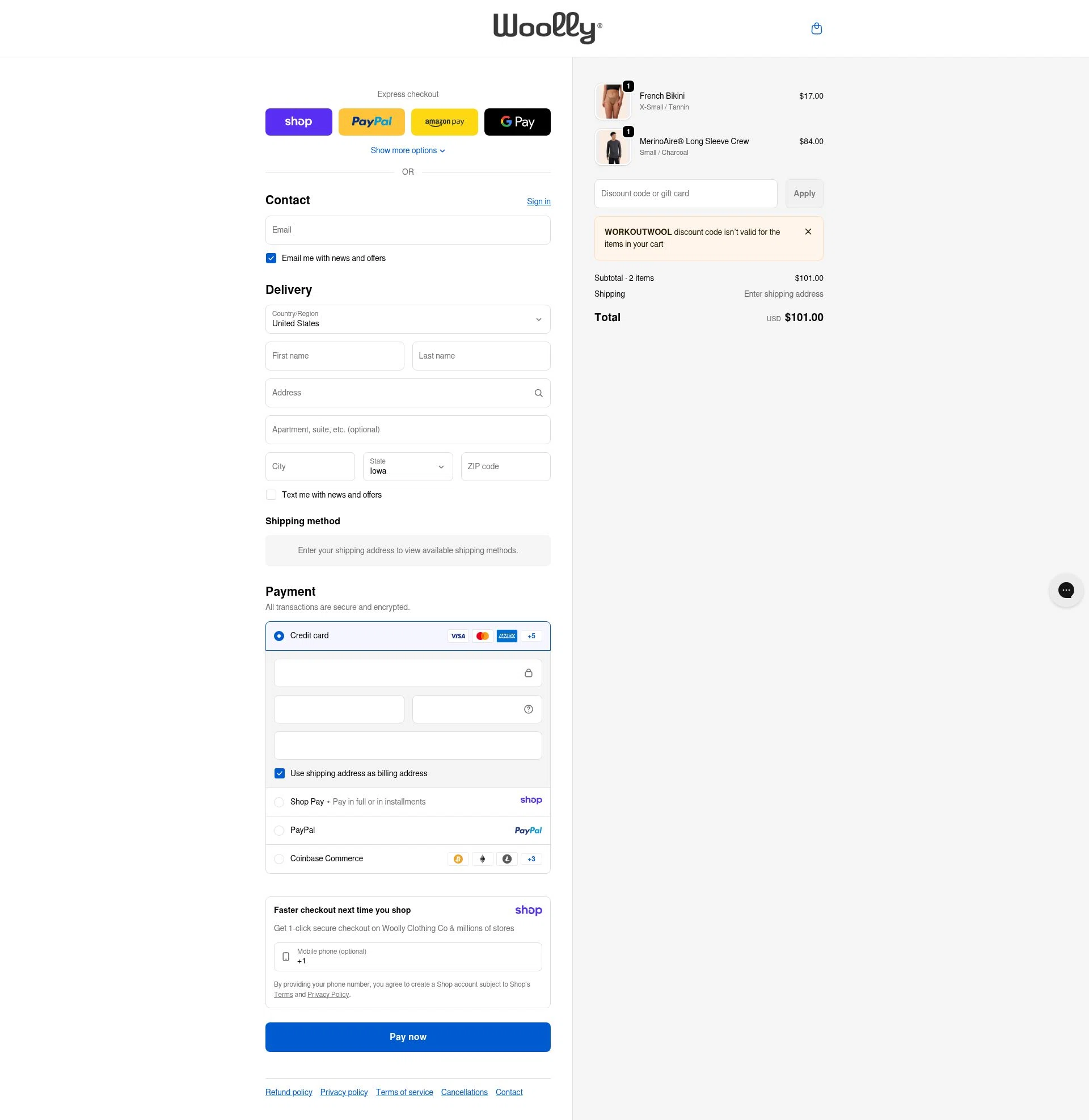 Woolly Clothing checkout page showing Woolly Clothing discount code box | Screenshot taken by SimplyCodes community member on Jan 17, 2026