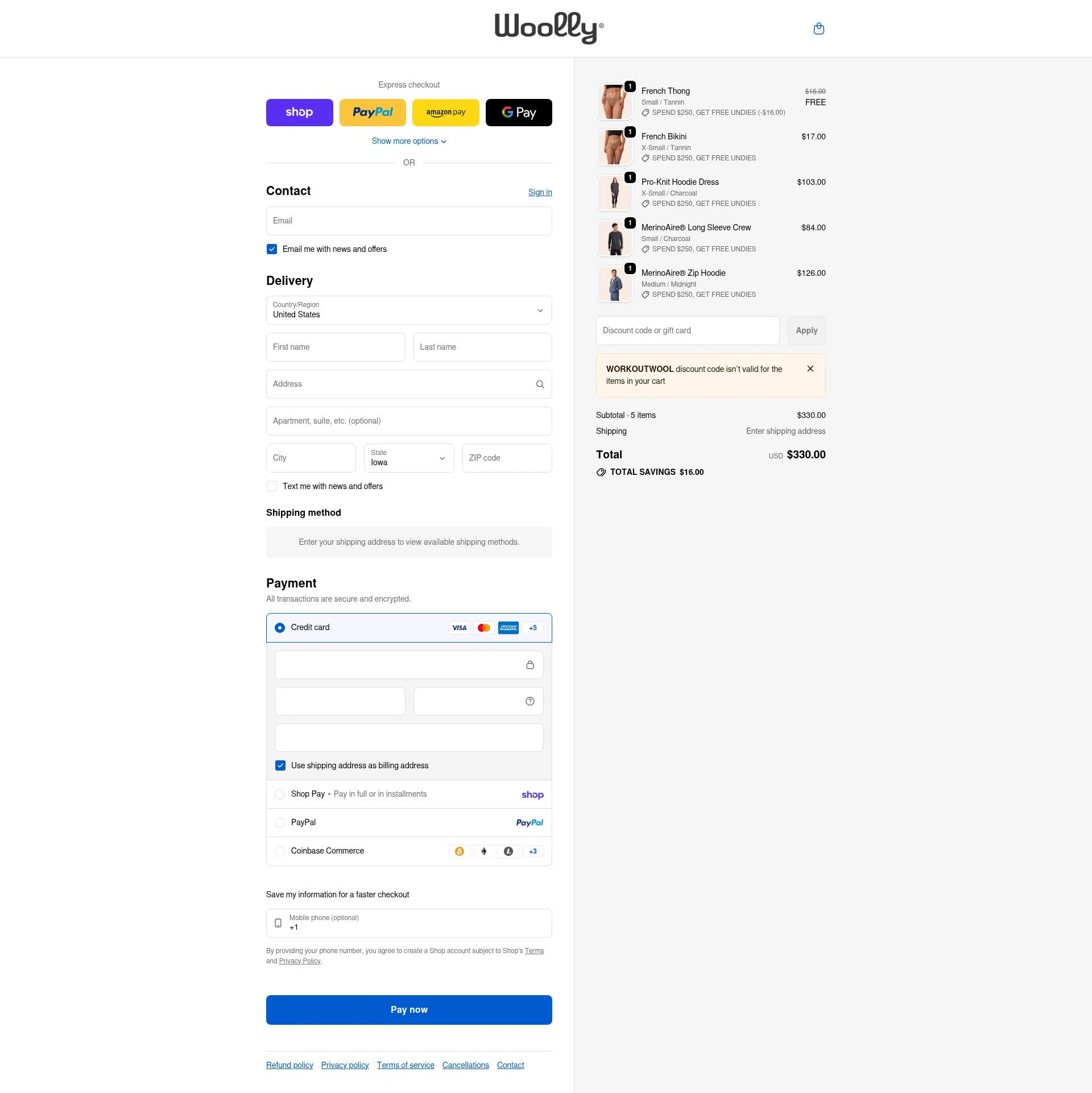 Woolly Clothing checkout page showing Woolly Clothing discount code box | Screenshot taken by SimplyCodes community member on Feb 3, 2026