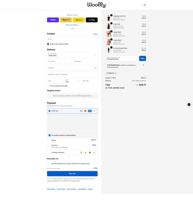 Woolly Clothing checkout page showing Woolly Clothing discount code box | Screenshot taken by SimplyCodes community member on Oct 3, 2025
