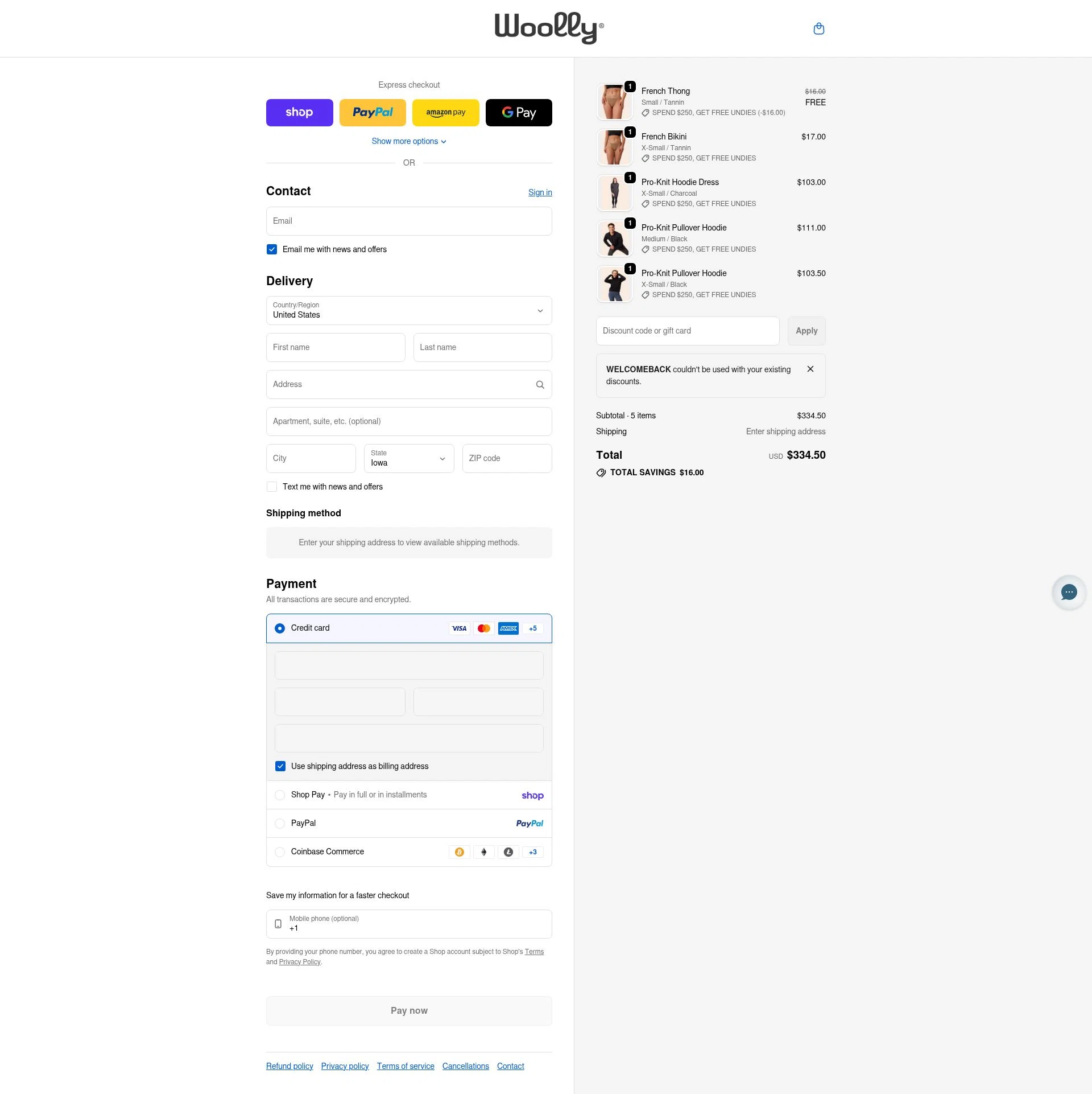 Woolly Clothing checkout page showing Woolly Clothing discount code box | Screenshot taken by SimplyCodes community member on Feb 22, 2026