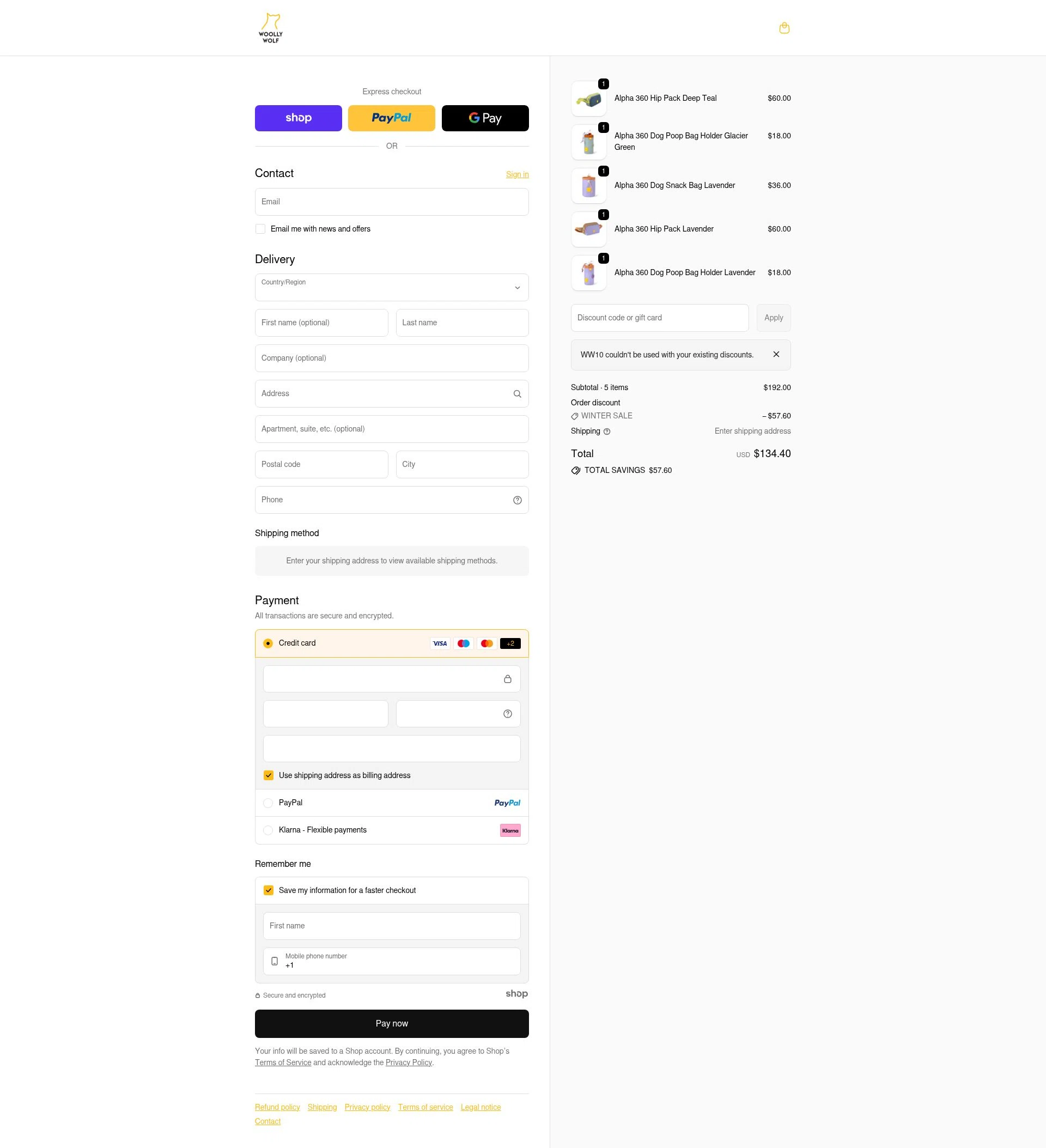 Woolly Wolf checkout page showing Woolly Wolf promo code box | Screenshot taken by SimplyCodes community member on Jan 6, 2026