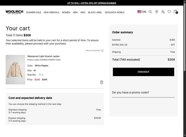Woolrich checkout page showing Woolrich promo code box | Screenshot taken by SimplyCodes community member on Aug 4, 2025