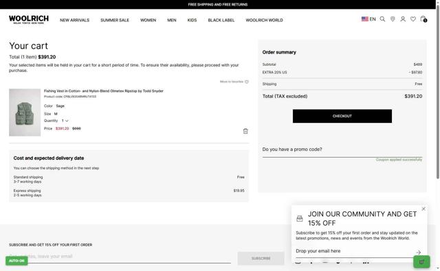 Woolrich checkout page showing Woolrich promo code box | Screenshot taken by SimplyCodes community member on Aug 30, 2025