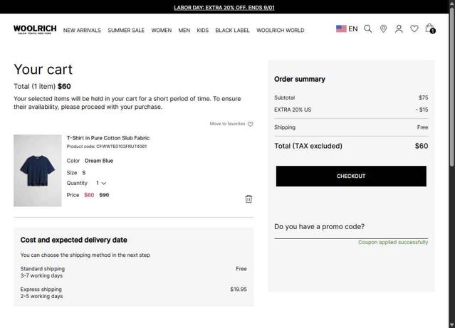 Woolrich checkout page showing Woolrich promo code box | Screenshot taken by SimplyCodes community member on Aug 28, 2025