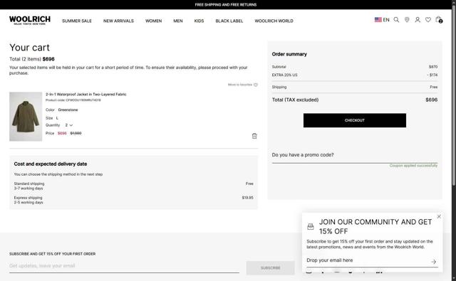 Woolrich checkout page showing Woolrich promo code box | Screenshot taken by SimplyCodes community member on Aug 16, 2025