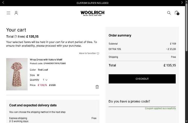 Woolrich checkout page showing Woolrich promo code box | Screenshot taken by SimplyCodes community member on Aug 19, 2025
