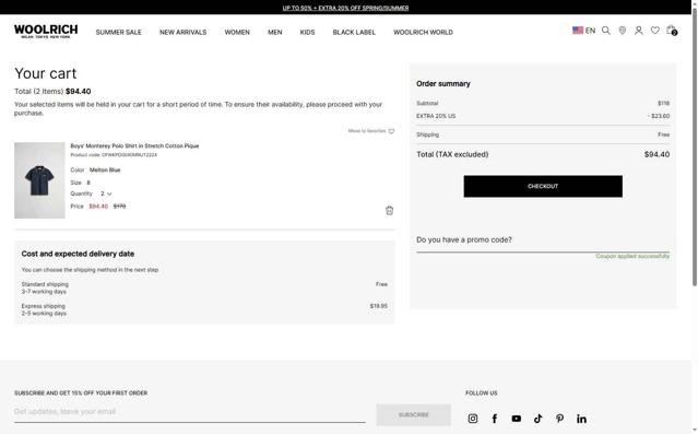 Woolrich checkout page showing Woolrich promo code box | Screenshot taken by SimplyCodes community member on Aug 22, 2025