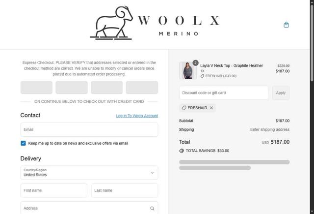 Woolx checkout page showing Woolx discount code box | Screenshot taken by SimplyCodes community member on Sep 11, 2025