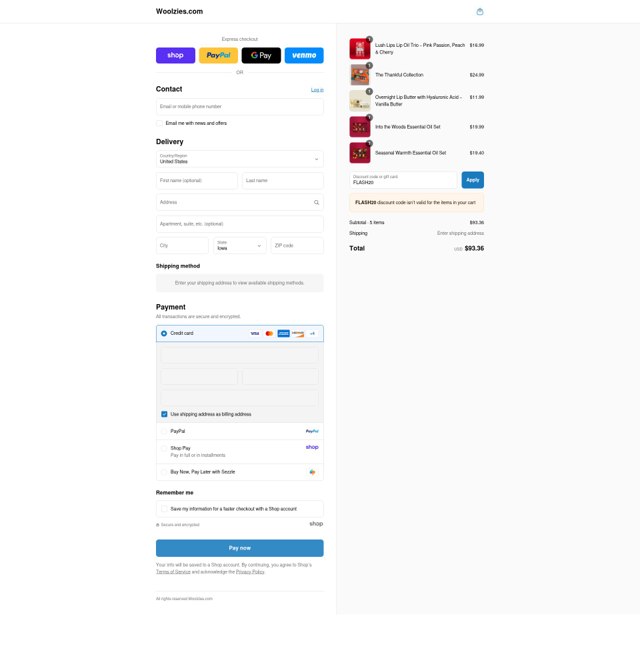 Woolzies checkout page showing Woolzies promo code box | Screenshot taken by SimplyCodes community member on Aug 31, 2025