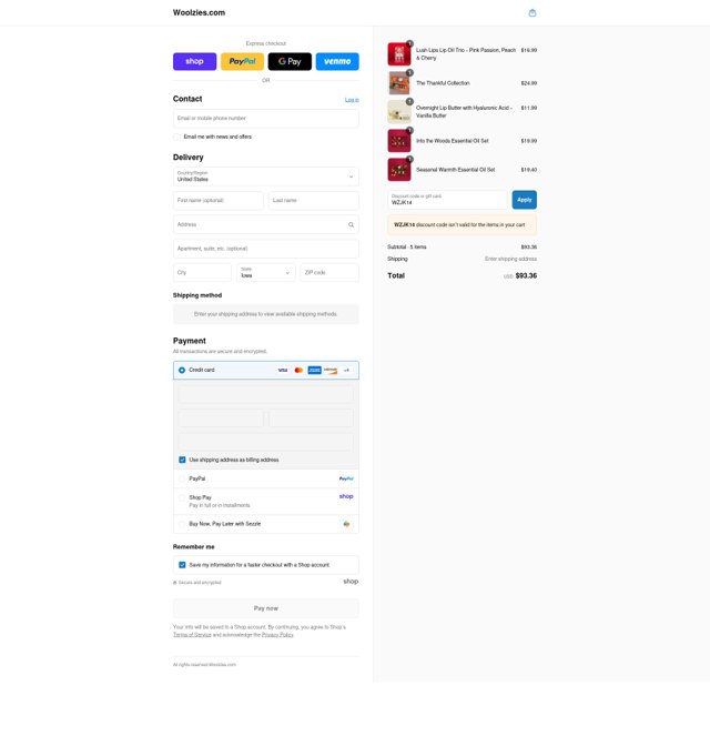 Woolzies checkout page showing Woolzies promo code box | Screenshot taken by SimplyCodes community member on Aug 31, 2025