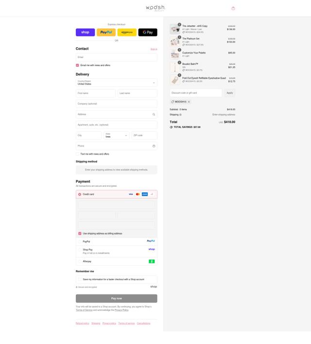 Woosh Beauty checkout page showing Woosh Beauty discount code box | Screenshot taken by SimplyCodes community member on Sep 16, 2025