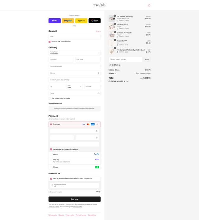 Woosh Beauty checkout page showing Woosh Beauty discount code box | Screenshot taken by SimplyCodes community member on Sep 16, 2025