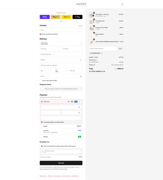 Woosh Beauty checkout page showing Woosh Beauty discount code box | Screenshot taken by SimplyCodes community member on Sep 16, 2025