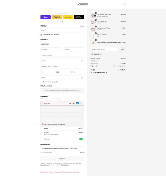 Woosh Beauty checkout page showing Woosh Beauty discount code box | Screenshot taken by SimplyCodes community member on Sep 16, 2025