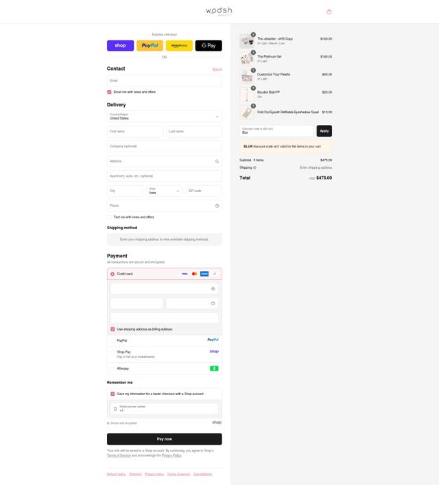 Woosh Beauty checkout page showing Woosh Beauty discount code box | Screenshot taken by SimplyCodes community member on Sep 16, 2025