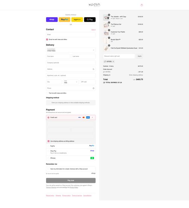 Woosh Beauty checkout page showing Woosh Beauty discount code box | Screenshot taken by SimplyCodes community member on Sep 16, 2025