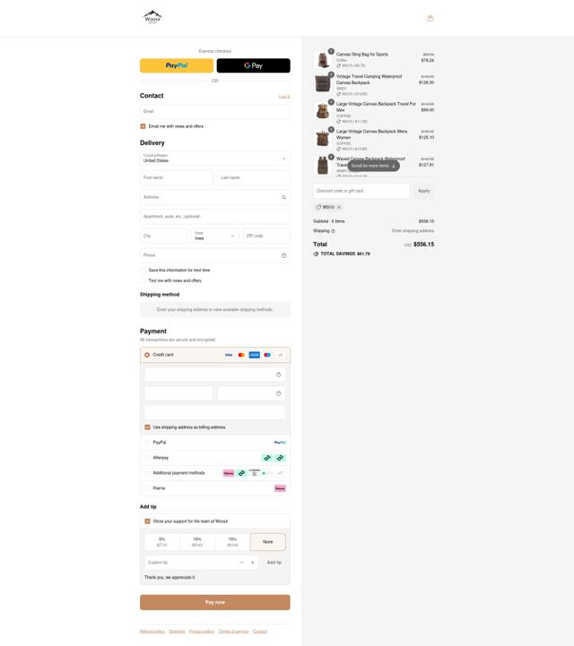 Woosir checkout page showing Woosir discount code box | Screenshot taken by SimplyCodes community member on Sep 7, 2025