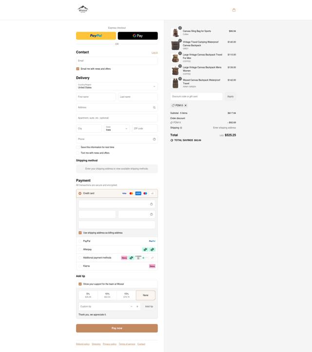 Woosir checkout page showing Woosir discount code box | Screenshot taken by SimplyCodes community member on Sep 7, 2025